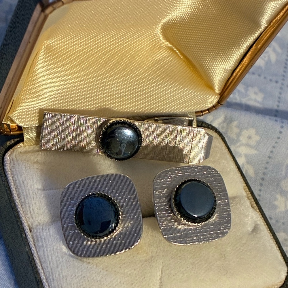 Vintage Silver and Black Cufflinks and Tie Clip Set